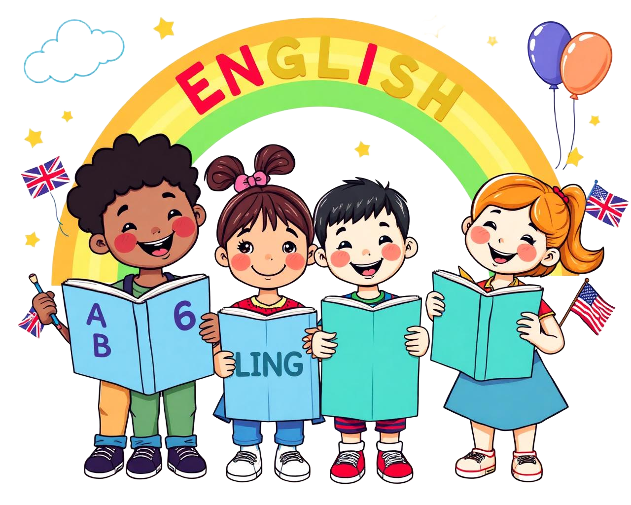 Crianças felizes aprendendo inglês com livros e ABC